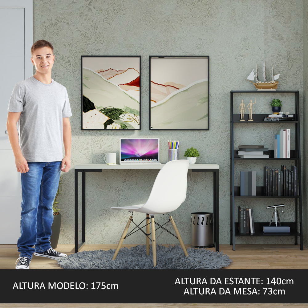 Conjunto Escritório Home Office com Mesa Industrial + Estante Escada Preto/Cinza Madesa