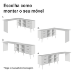 Kit 2 Peças com Escrivaninha em L 3 Gavetas e Armário Multiuso com Vidro Branco Madesa