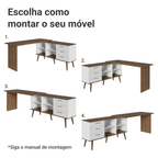 Kit 2 Peças com Escrivaninha em L 3 Gavetas e Armário Multiuso com Vidro Rustic/Branco Madesa