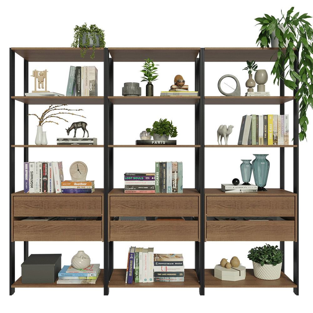 Estante Armário Multiuso para Livros 6 Gavetas 12 prateleiras 210cm Rustic/Preto Madesa