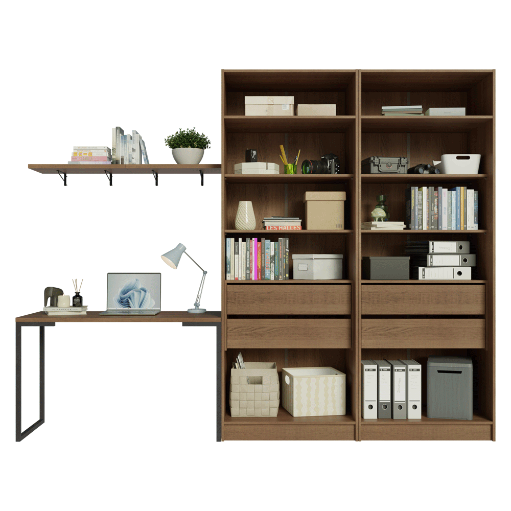 Conjunto Home Office 2 Armários Neo 1 Escrivaninha 2 Prateleiras Rustic/Crema Madesa