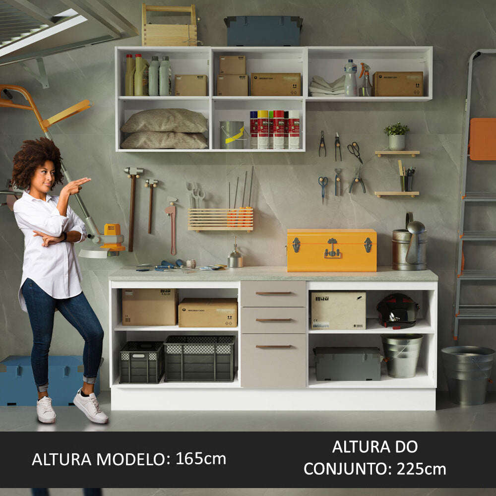 Kit com 2 Balcões e 2 Armários Aéreos Multiuso 200cm Branco/Crema Agata Madesa