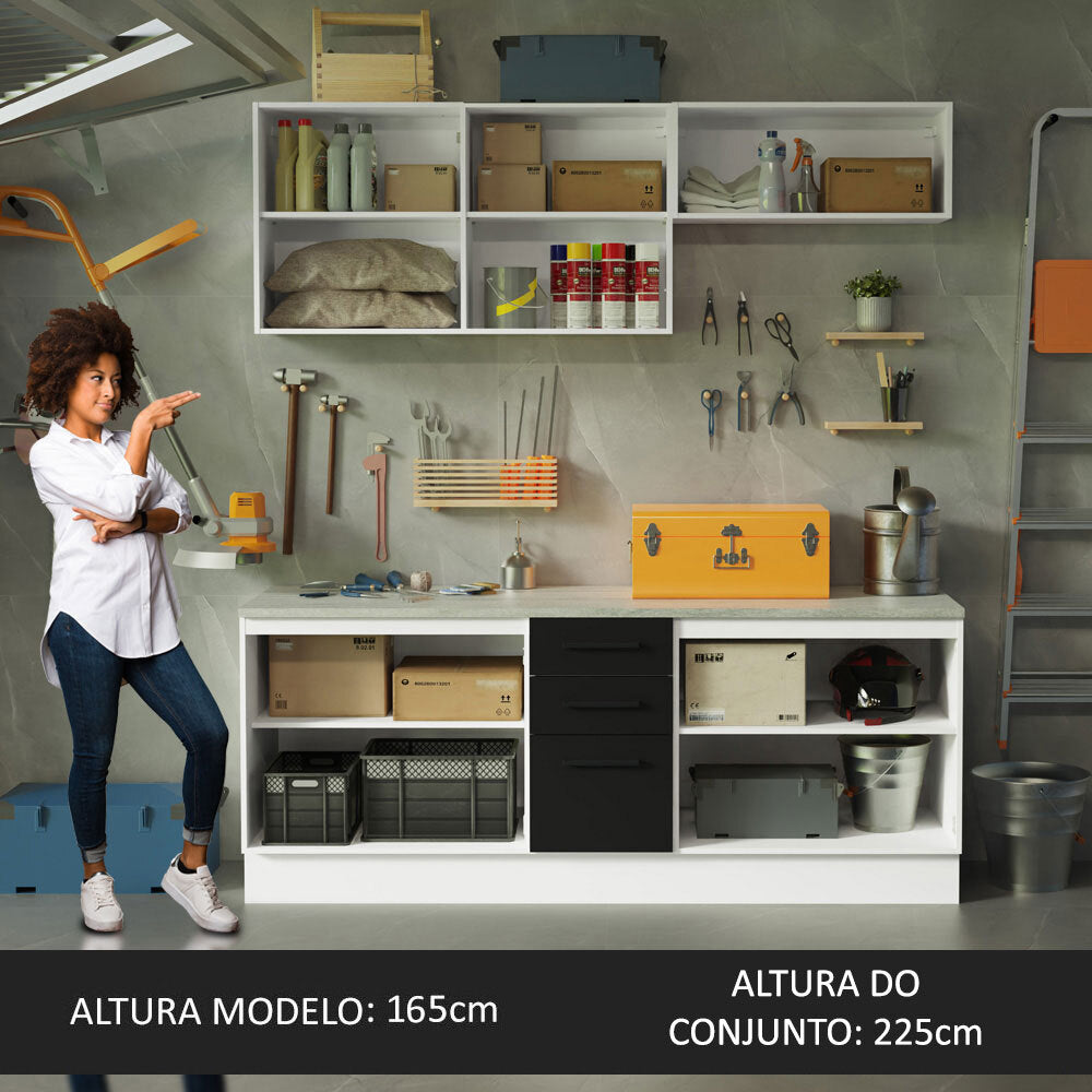 Kit com 2 Balcões e 2 Armários Aéreos Multiuso 200cm Branco/Preto Agata Madesa