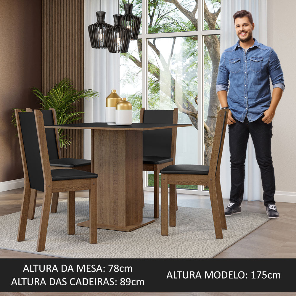 Conjunto Sala de Jantar Madesa Alana Mesa Tampo de Madeira com 4 Cadeiras Rustic/Preto