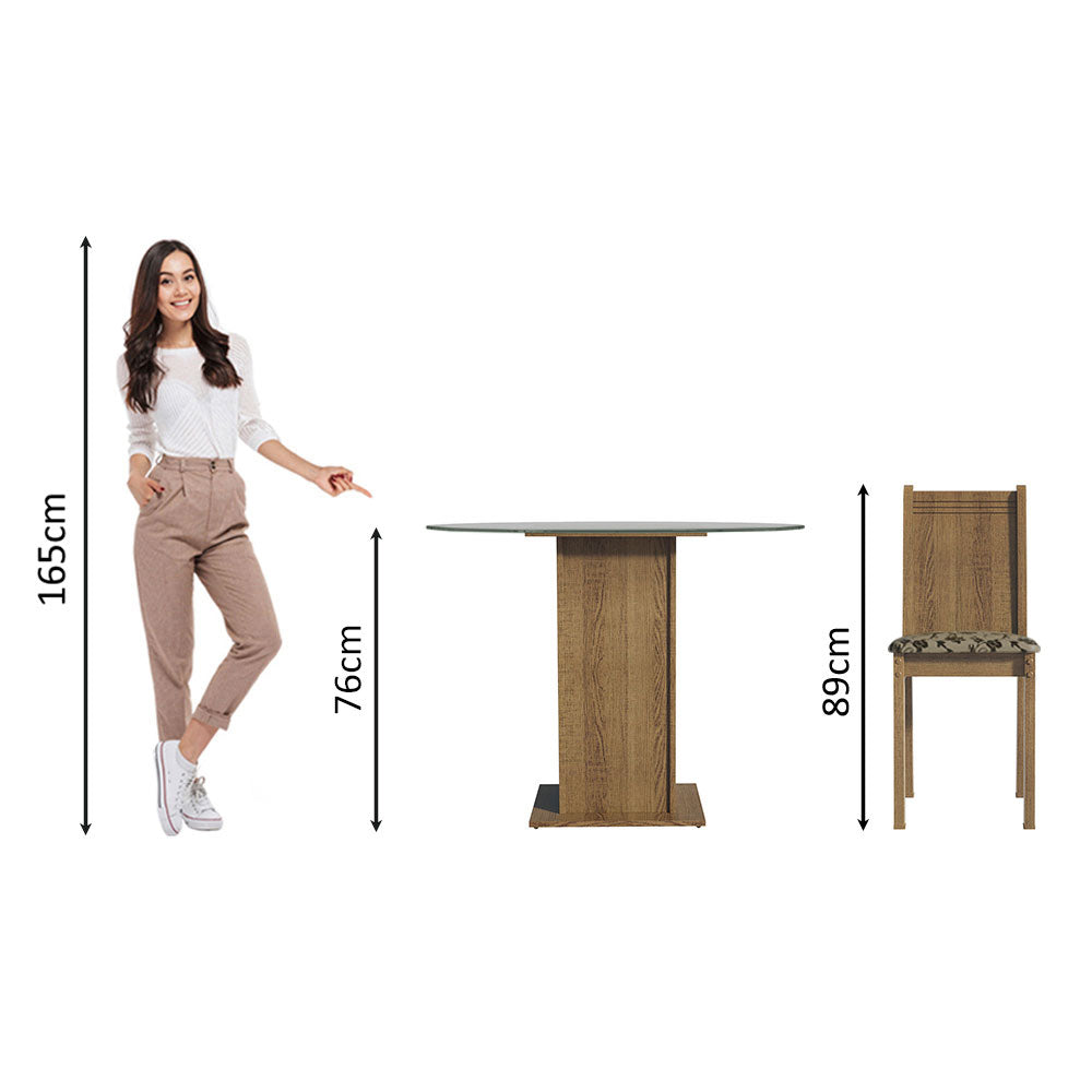 Conjunto Sala de Jantar Madesa Débora Mesa Tampo de Vidro Redondo 4 Cadeiras Rustic/Bege Marrom