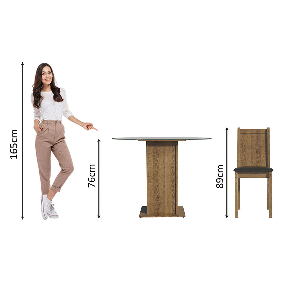 Conjunto Sala de Jantar Madesa Débora Mesa Tampo de Vidro Redondo 4 Cadeiras Rustic/Preto