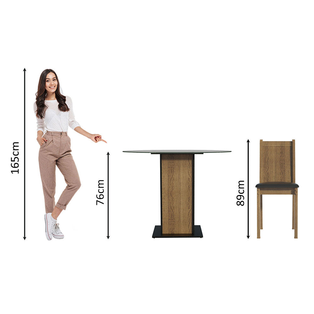 Conjunto Sala de Jantar Madesa Débora Mesa Tampo de Vidro Redondo 4 Cadeiras Preto/Rustic