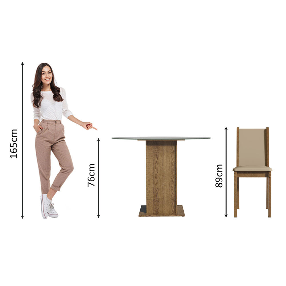 Conjunto Sala de Jantar Madesa Nanda Mesa Tampo de Vidro Redondo 4 Cadeiras Rustic/Crema/Bege