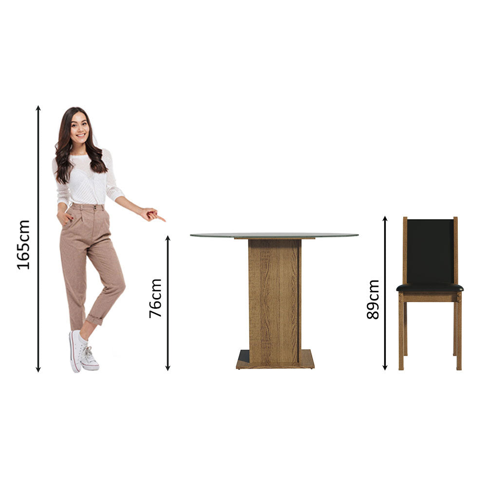Conjunto Sala de Jantar Madesa Nanda Mesa Tampo de Vidro Redondo 4 Cadeiras Rustic/Preto