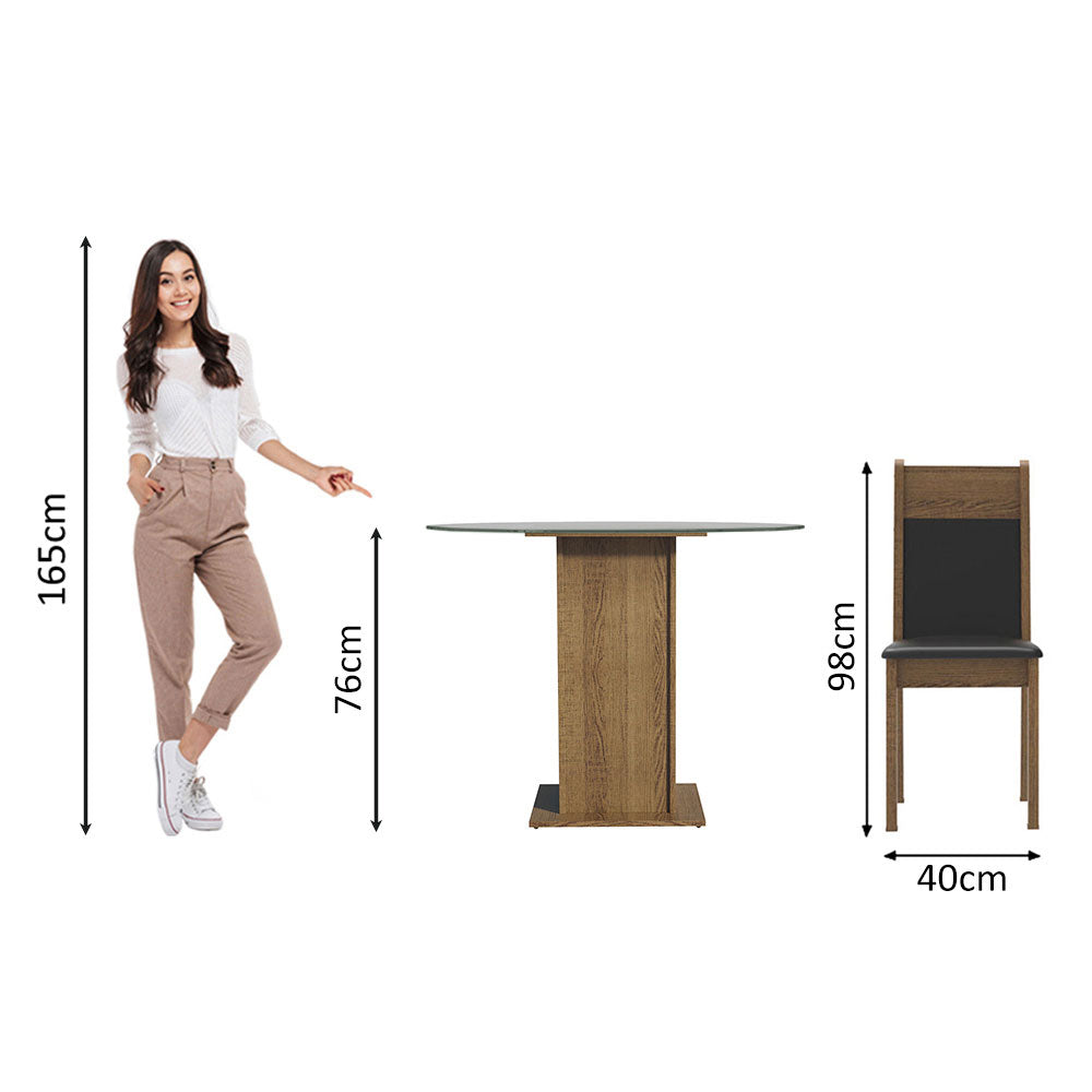 Conjunto Sala de Jantar Madesa Beta Mesa Tampo de Vidro Redondo 4 Cadeiras Rustic/Preto