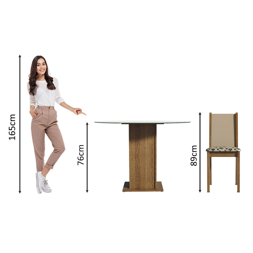 Conjunto Sala de Jantar Madesa Madu Mesa Tampo de Vidro Redondo 4 Cadeiras Rustic/Crema/Bege Marrom