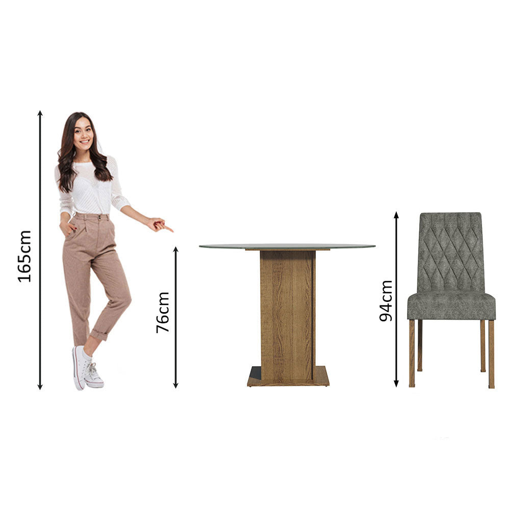 Conjunto Sala de Jantar Mesa Tampo de Vidro Redondo 4 Cadeiras Rustic/Silver Irene Madesa