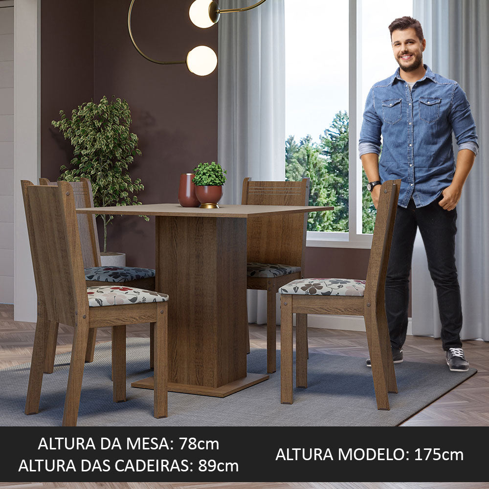 Conjunto Sala de Jantar Mesa Tampo de Madeira 4 Cadeiras Rustic/Crema/Floral Hibiscos Samara Madesa