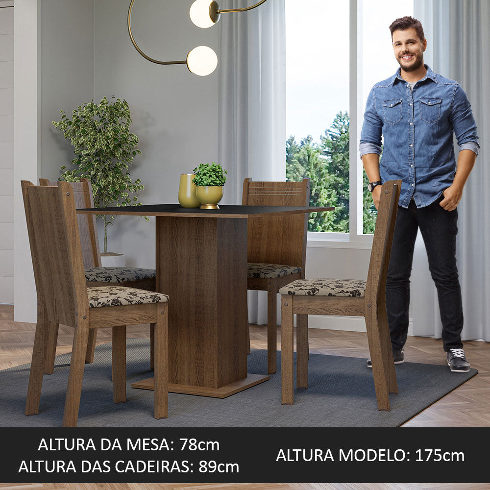 Conjunto Sala de Jantar Mesa Tampo de Madeira 4 Cadeiras Rustic/Preto/Bege Marrom Samara Madesa