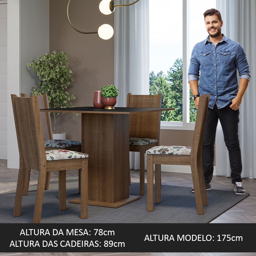 Conjunto Sala de Jantar Mesa Tampo de Madeira 4 Cadeiras Rustic/Preto/Floral Hibiscos Samara Madesa