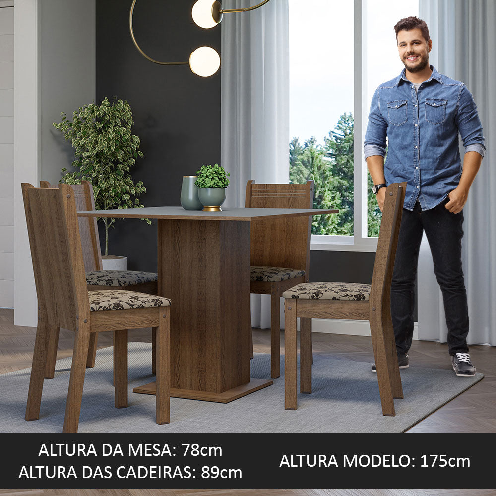 Conjunto Sala de Jantar Mesa Tampo de Madeira 4 Cadeiras Rustic/Cinza/Bege Marrom Samara Madesa