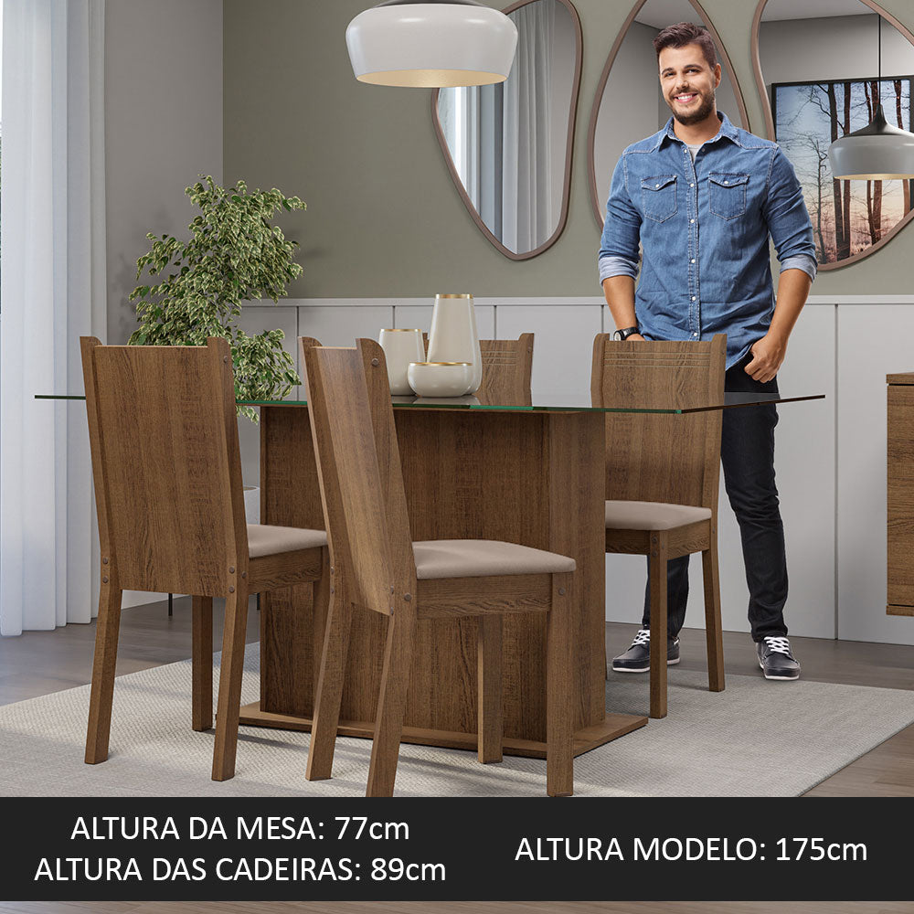 Conjunto Sala de Jantar Mesa Tampo de Vidro 4 Cadeiras Rustic/Sintético Bege Espanha Madesa