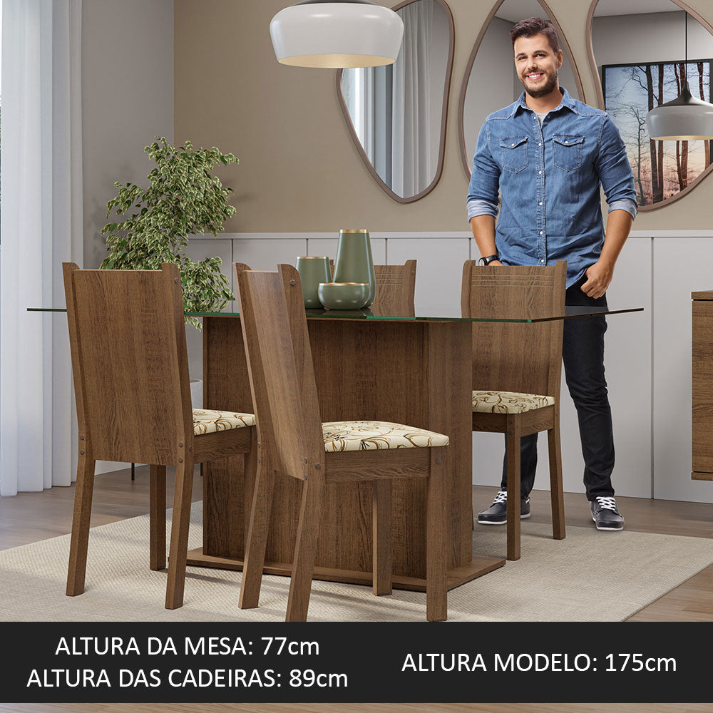Conjunto Sala de Jantar Mesa Tampo de Vidro 4 Cadeiras Rustic/Lírio Bege Espanha Madesa