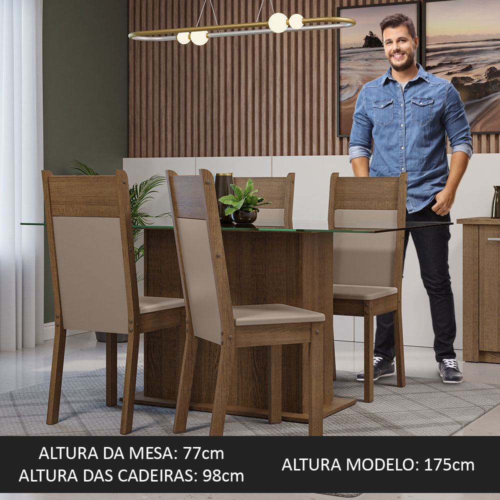 Conjunto Sala de Jantar Mesa Tampo de Vidro 4 Cadeiras Rustic/Crema/Sintético Bege Savana Madesa
