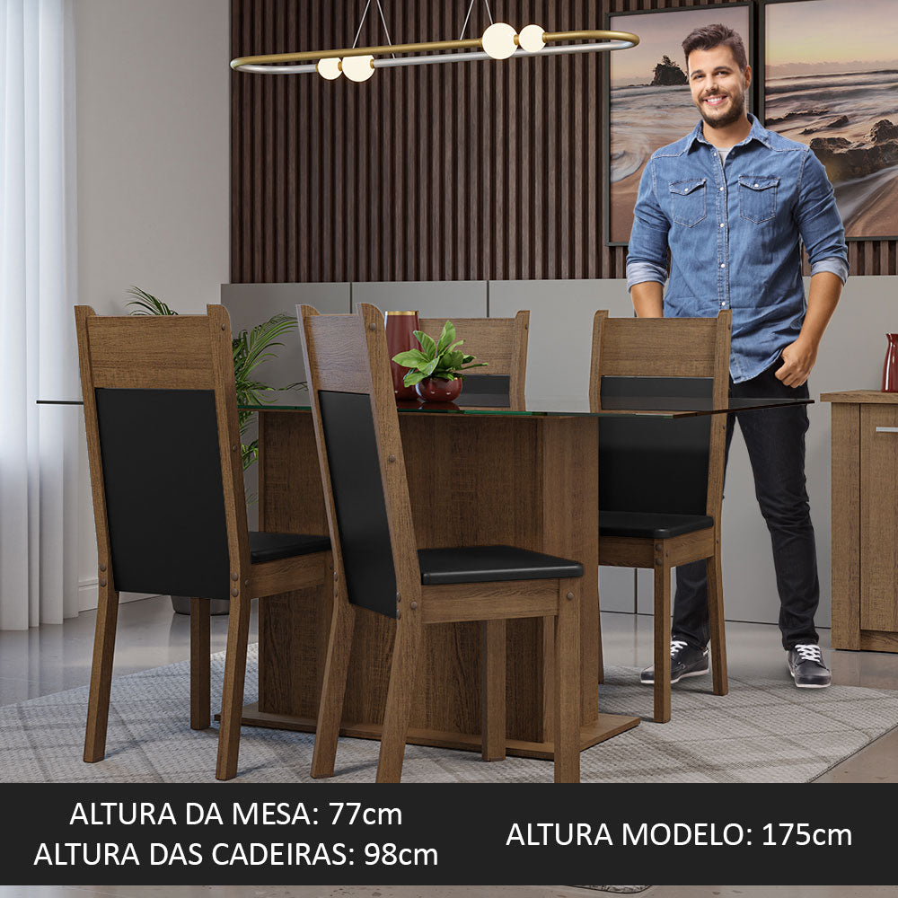 Conjunto Sala de Jantar Mesa Tampo de Vidro 4 Cadeiras Rustic/Preto Savana Madesa