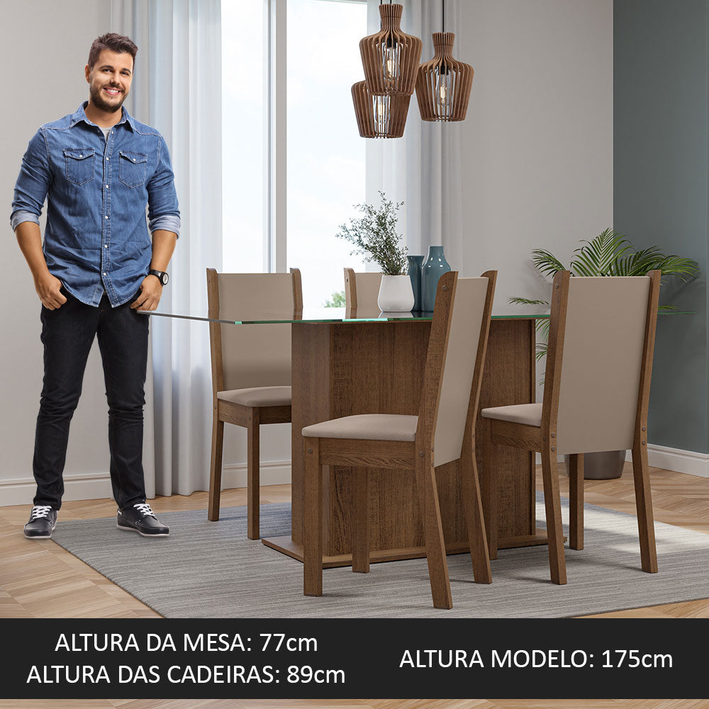 Conjunto Sala de Jantar Mesa Tampo de Vidro 4 Cadeiras Rustic/Crema/Sintético Bege Yara Madesa