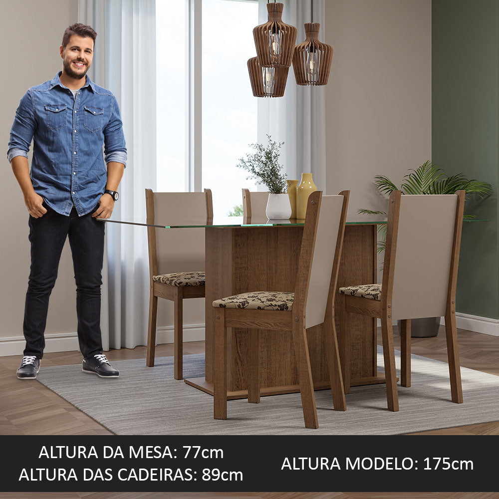Conjunto Sala de Jantar Mesa Tampo de Vidro 4 Cadeiras Rustic/Crema/Bege Marrom Yara Madesa