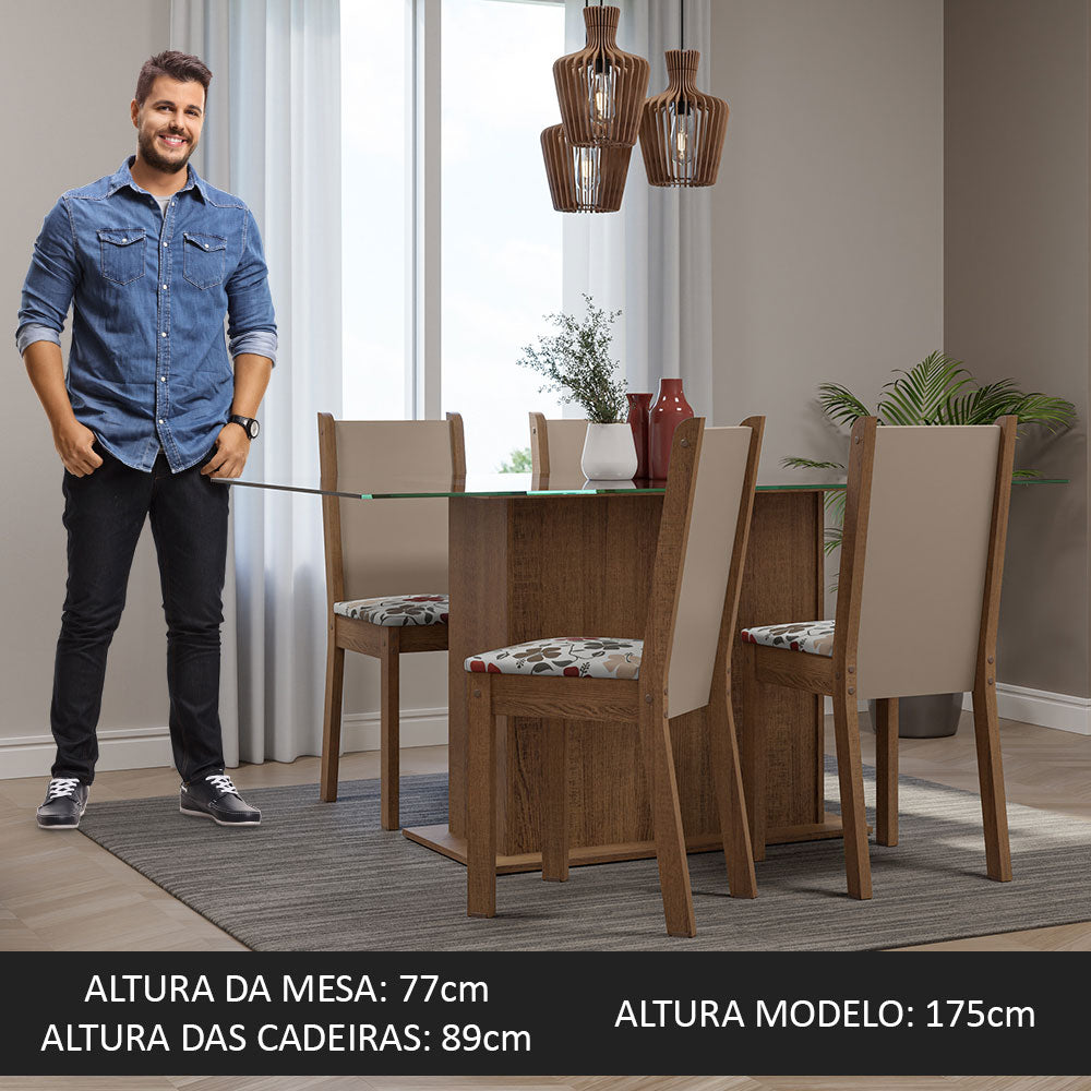 Conjunto Sala de Jantar Mesa Tampo de Vidro 4 Cadeiras Rustic/Crema/Floral Hibiscos Yara Madesa