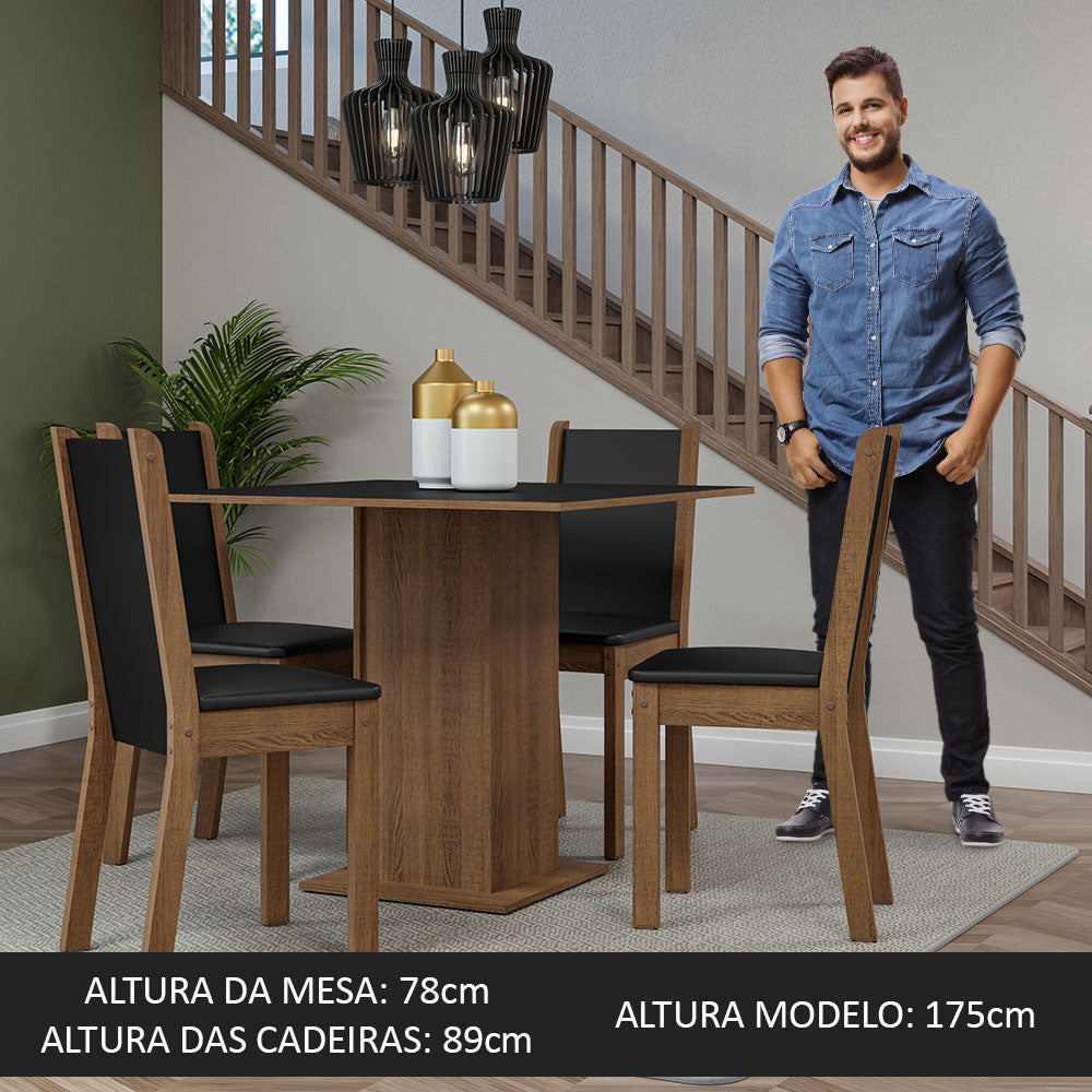 Conjunto Sala de Jantar Mesa Tampo de Madeira 4 Cadeiras Rustic/Preto Briana Madesa