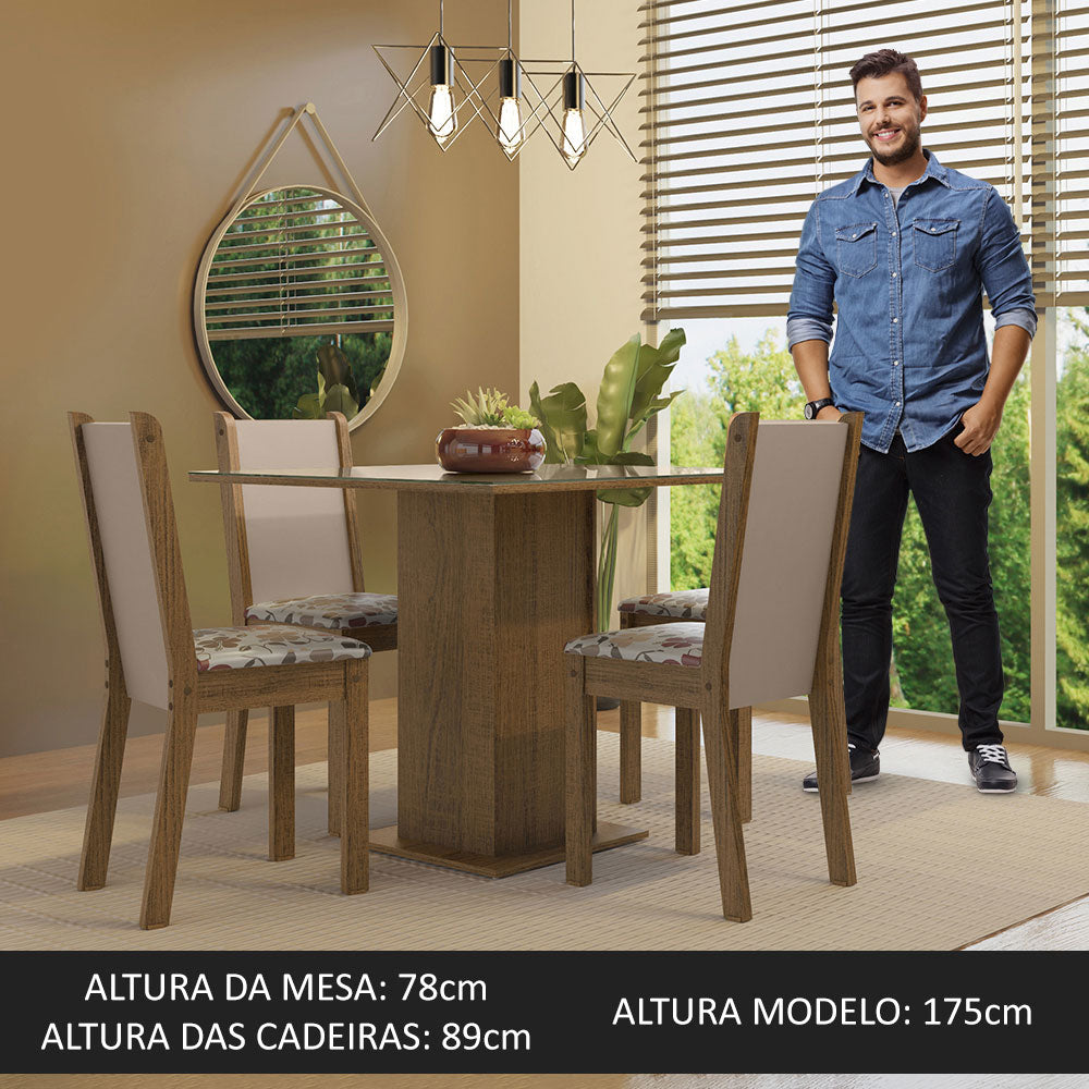Conjunto Sala de Jantar Mesa Tampo de Vidro 4 Cadeiras Rustic/Crema/Hibiscos Tifani Madesa