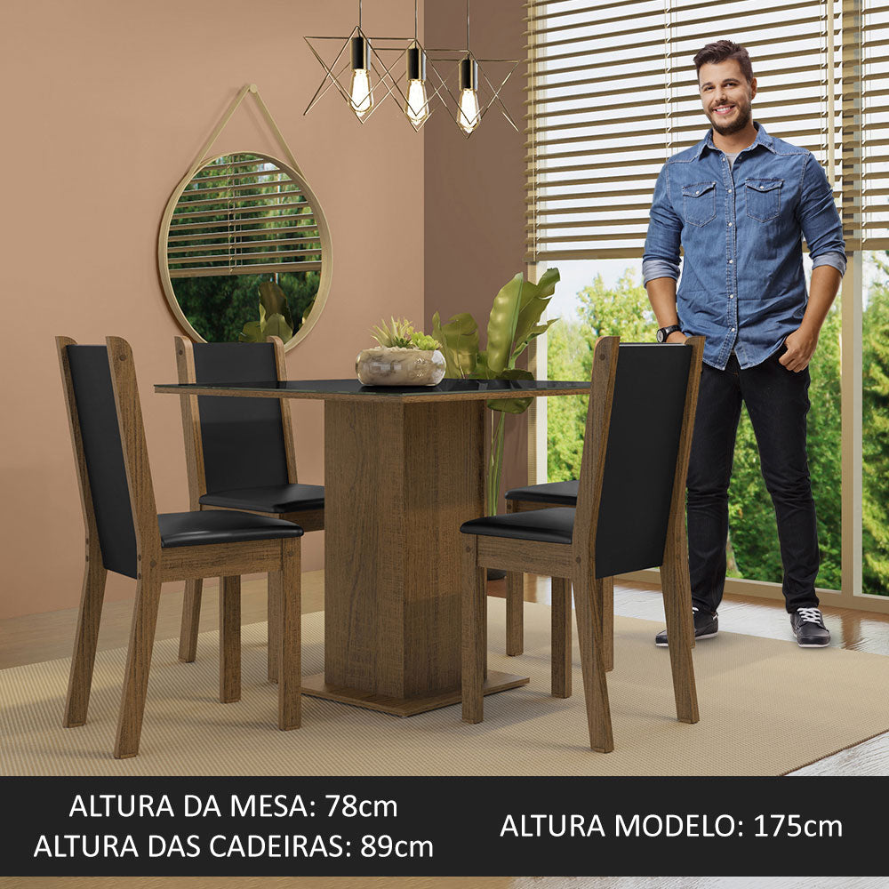 Conjunto Sala de Jantar Mesa Tampo de Vidro 4 Cadeiras Rustic/Preto Tifani Madesa