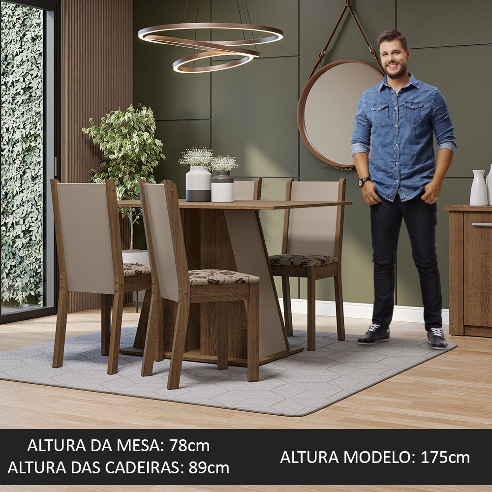 Conjunto Sala de Jantar Mesa Tampo de Madeira 4 Cadeiras Rustic/Crema/Bege Marrom Sophie Madesa