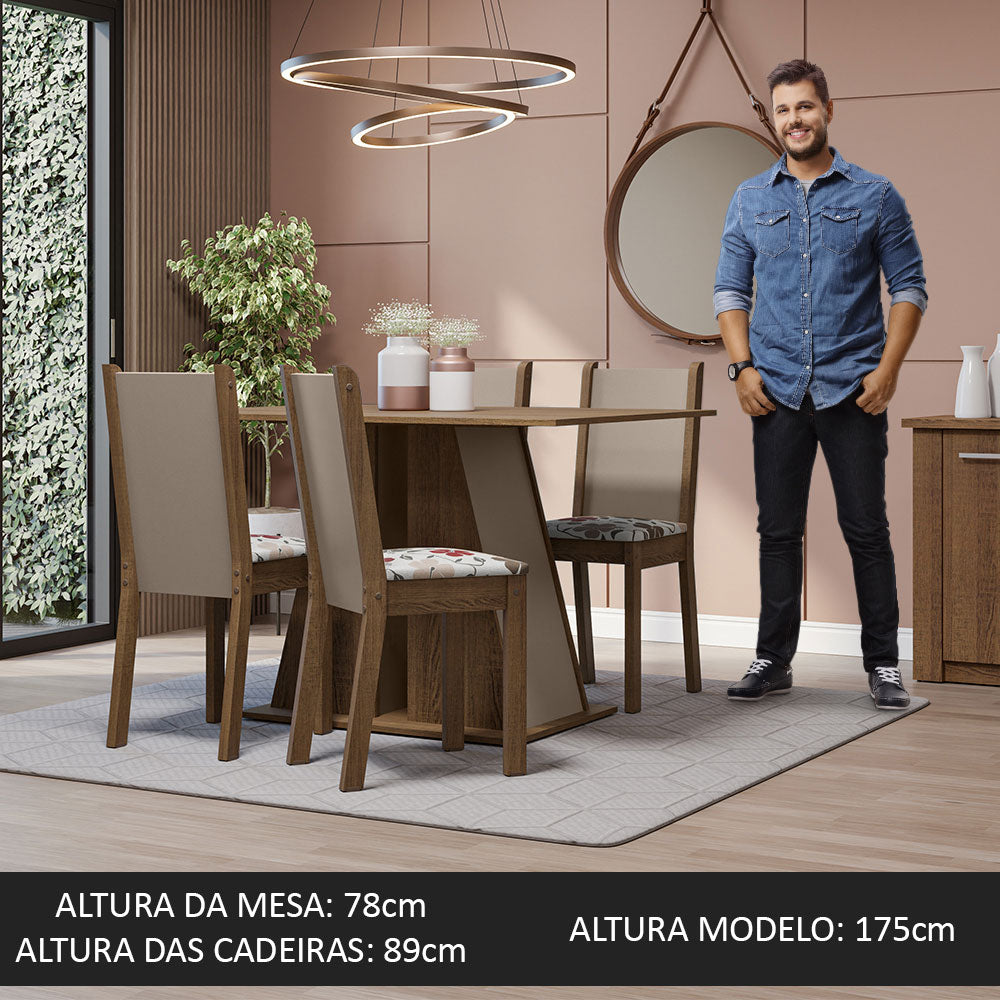 Conjunto Sala de Jantar Mesa Tampo de Madeira 4 Cadeiras Rustic/Crema/Hibiscos Sophie Madesa