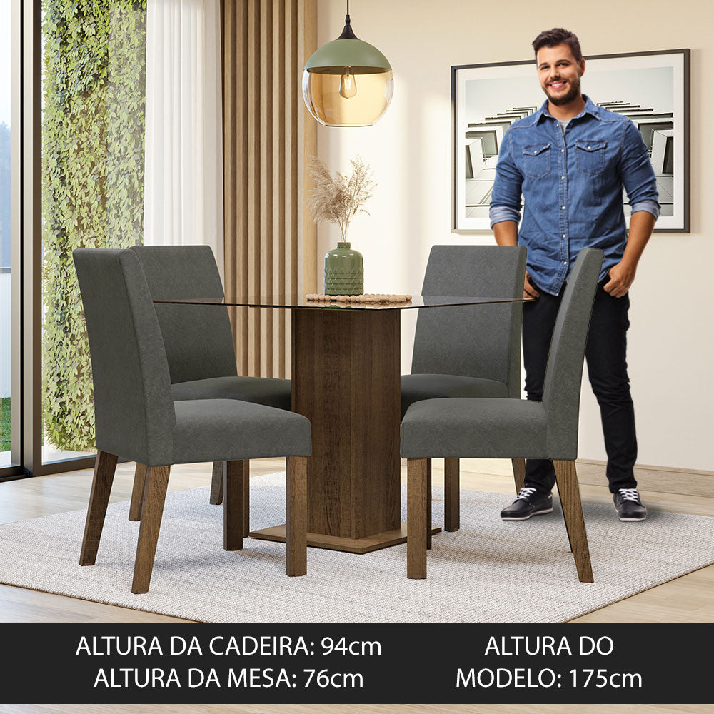 Conjunto Sala de Jantar Mesa Tampo de Vidro 4 Cadeiras Rustic/Silver Ivy Madesa