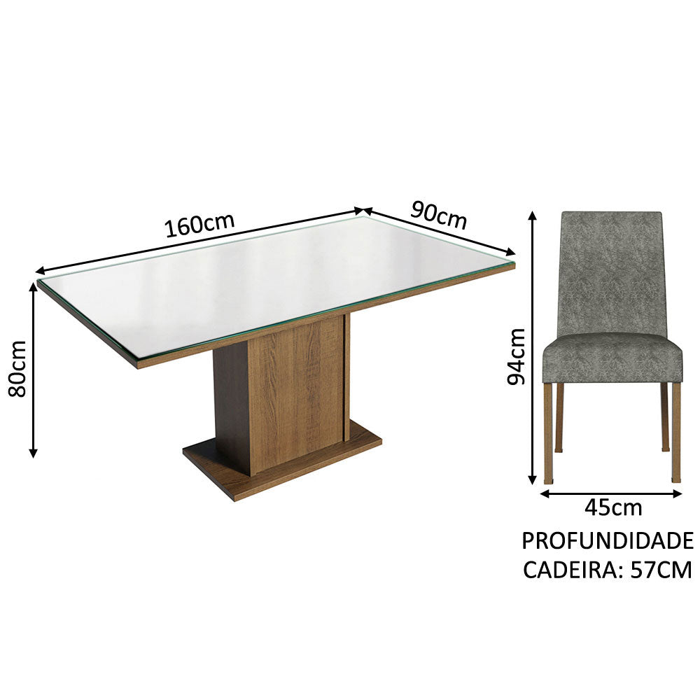 Conjunto Sala de Jantar Mesa Tampo de Vidro 6 Cadeiras Rustic/Branco/Silver Alexis Madesa