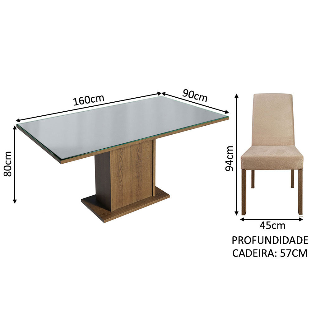 Conjunto Sala de Jantar Mesa Tampo de Vidro 6 Cadeiras Rustic/Cinza/Imperial Alexis Madesa