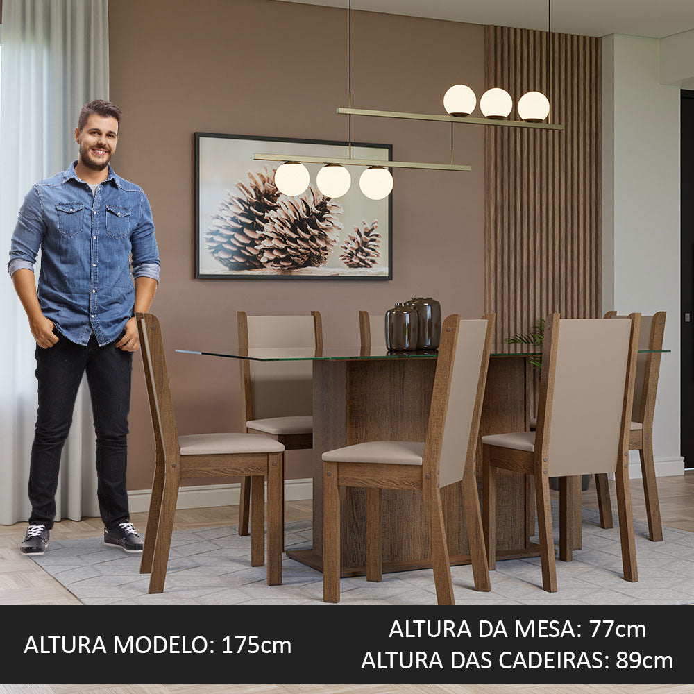 Conjunto Sala de Jantar Mesa Tampo de Vidro 6 Cadeiras Rustic/Crema/Sintético Bege Yolanda Madesa