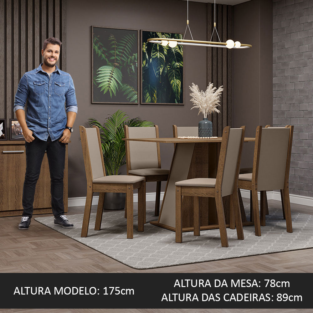 Conjunto Sala de Jantar Mesa Tampo de Madeira 6 Cadeiras Rustic/Crema/Bege Wendy Madesa