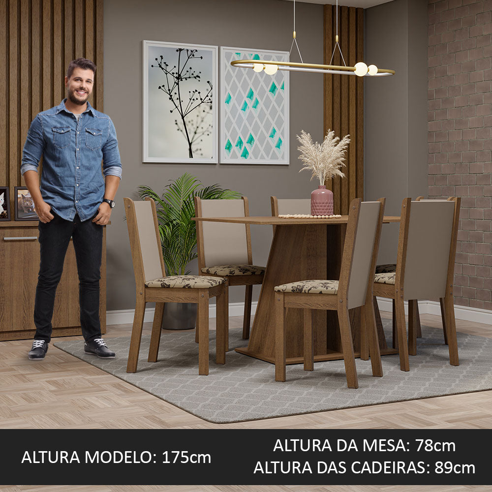 Conjunto Sala de Jantar Mesa Tampo de Madeira 6 Cadeiras Rustic/Bege Marrom Wendy Madesa