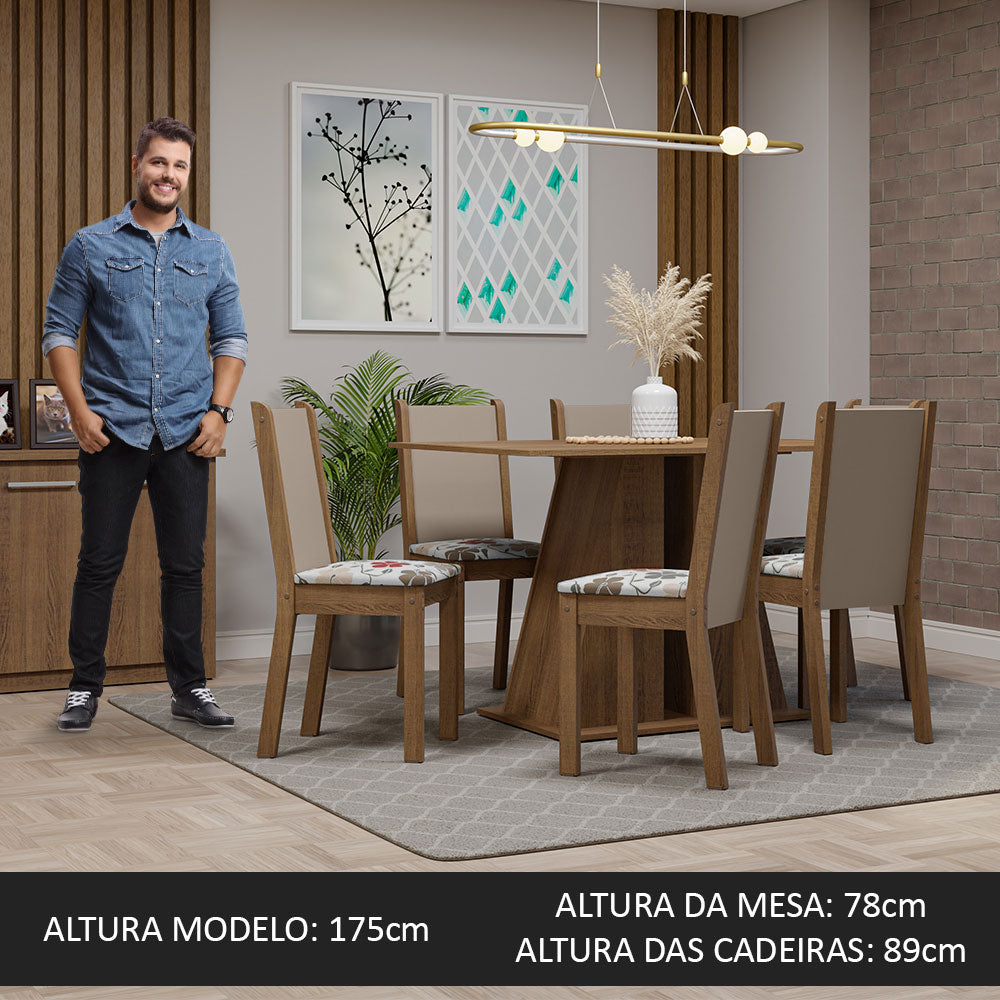 Conjunto Sala de Jantar Mesa Tampo de Madeira 6 Cadeiras Rustic/Hibiscos Wendy Madesa