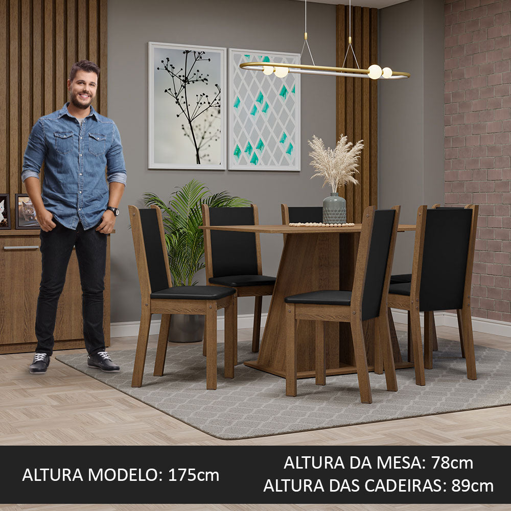 Conjunto Sala de Jantar Mesa Tampo de Madeira 6 Cadeiras Rustic/Preto Wendy Madesa