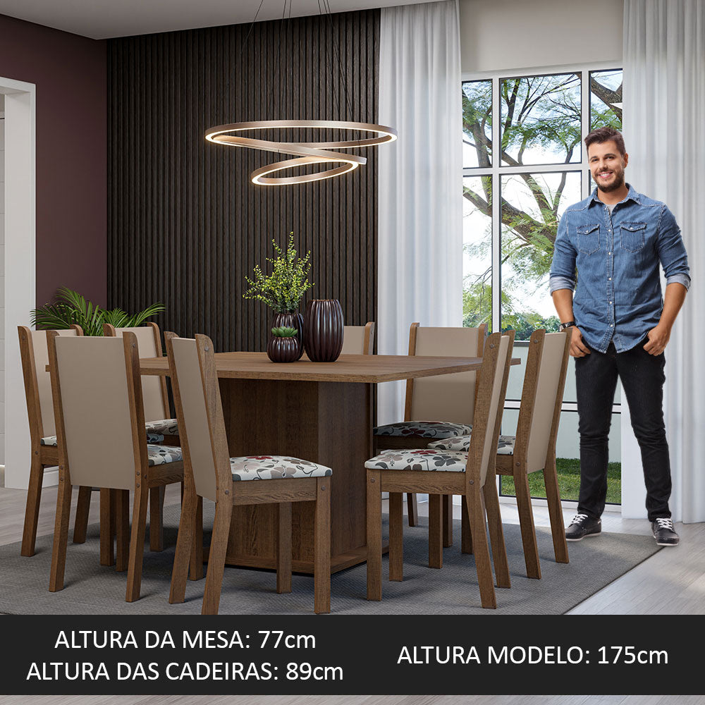 Conjunto Sala de Jantar Mesa Tampo de Madeira 8 Cadeiras Rustic/Crema/Hibiscos Marisa Madesa