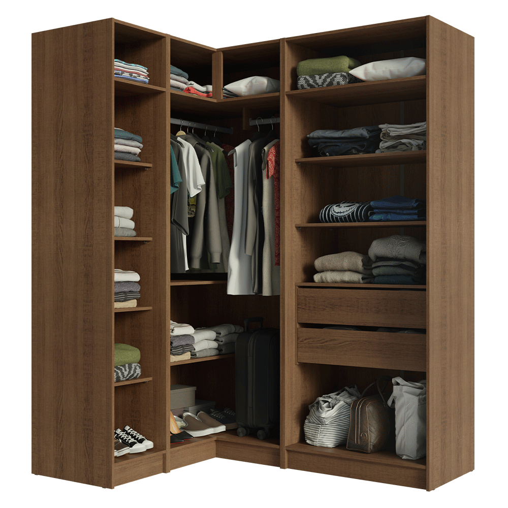 Guarda-Roupa Modulado de Canto 310 cm 5 Portas 2 Gavetas Rustic/Crema Neo Madesa 01