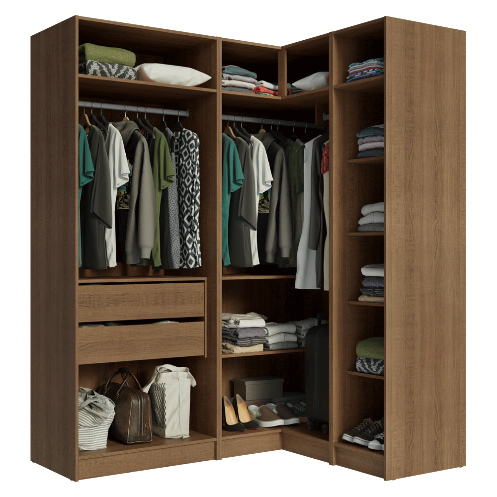 Guarda-Roupa Modulado de Canto 310 cm 5 Portas 2 Gavetas Rustic/Crema Neo Madesa 02