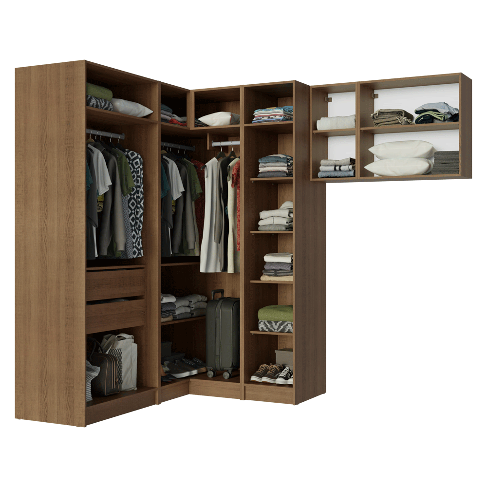 Quarto Completo de Canto Solteiro 415 cm Guarda-Roupa com Espelhos Rustic/Crema Neo Madesa 02