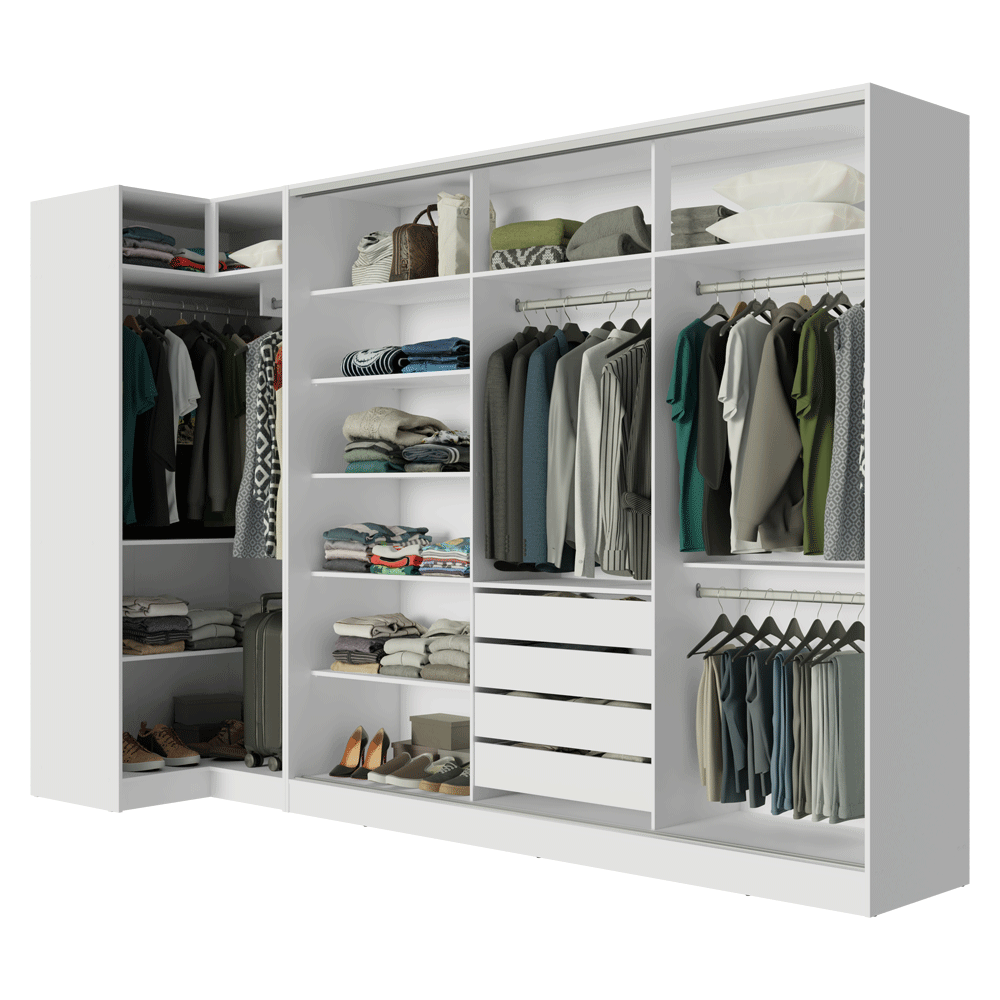 Guarda-Roupa Modulado Neo + Guarda-Roupa Royale 3 Portas de Correr com Espelho Branco Madesa