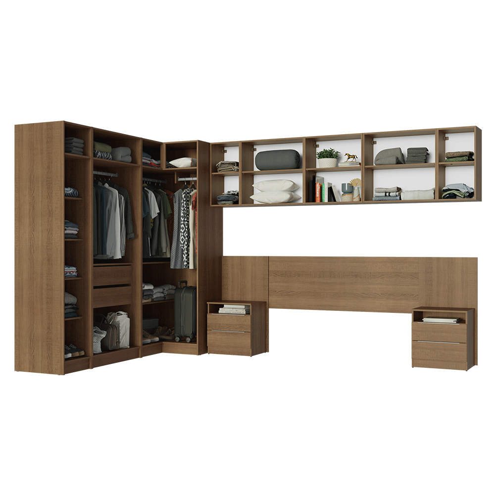 Quarto Completo Casal de Canto 580 cm com Mesa de Cabeceira Rustic/Crema Neo Madesa