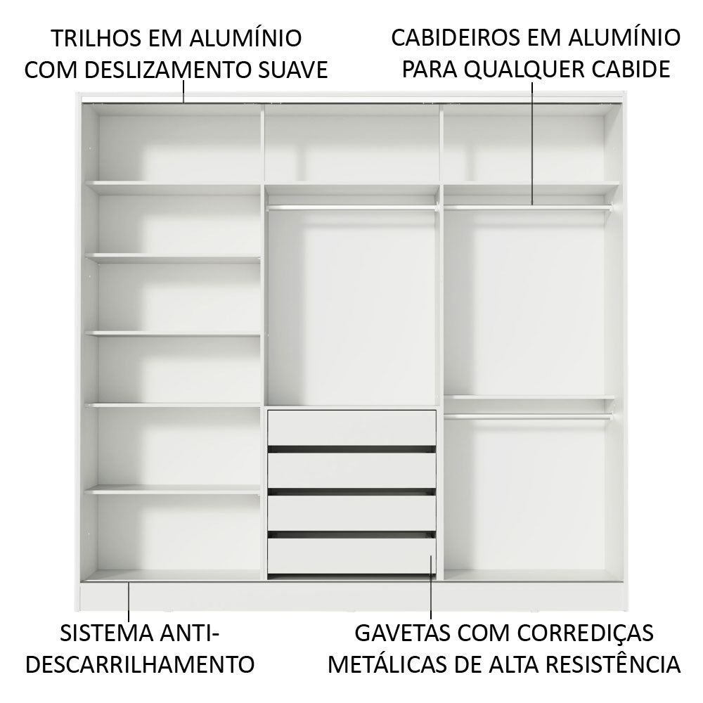 Guarda-Roupa Casal 100% MDF Madesa Zurique 3 Portas de Correr com Espelho Branco/Rustic