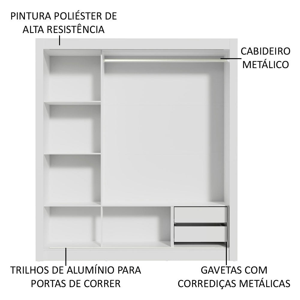 Guarda-Roupa Casal Madesa Lyon 3 Portas de Correr com Espelho 2 Gavetas Branco