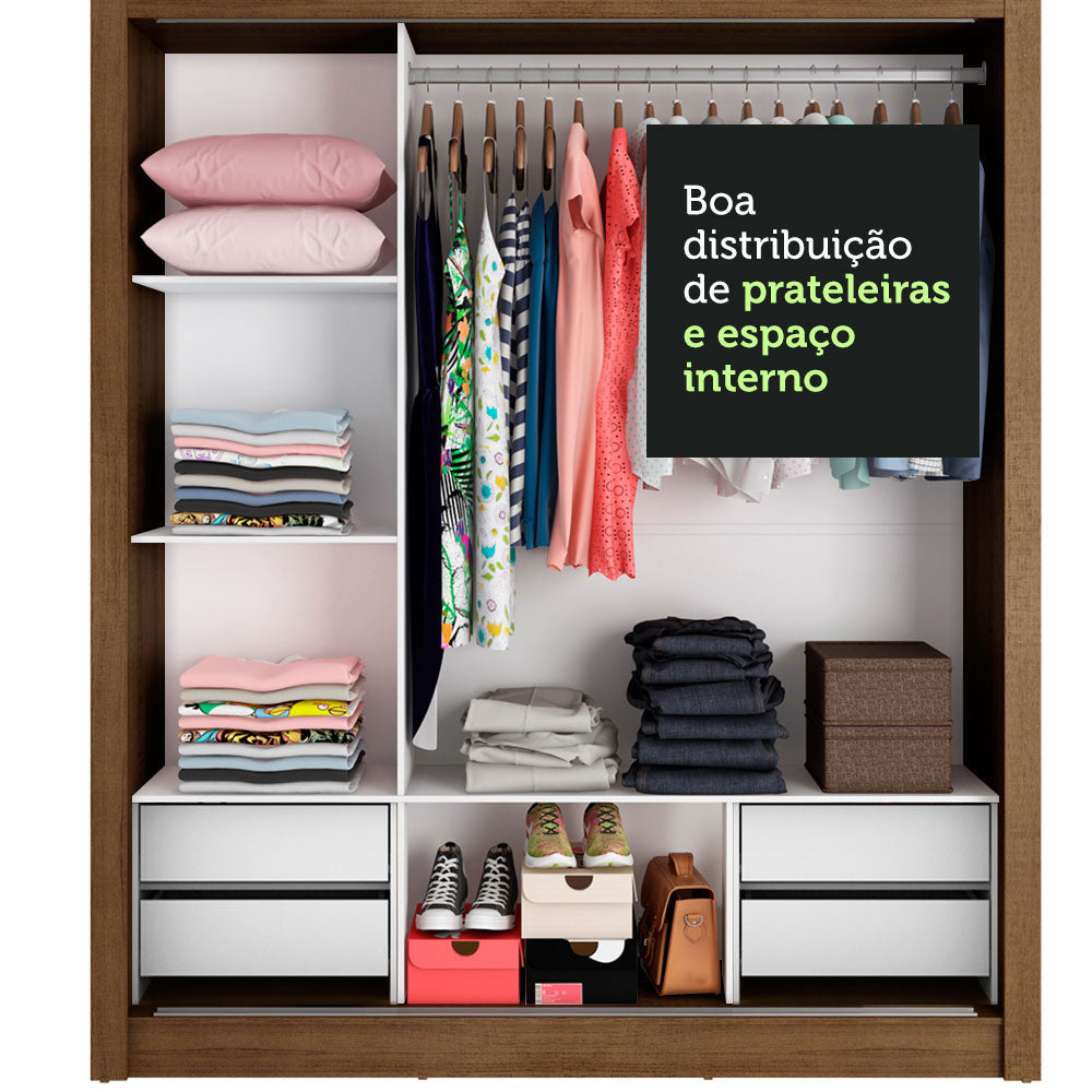 Guarda-Roupa Casal Madesa Lyon Plus 3 Portas de Correr com Espelho 4 Gavetas Rustic/Branco