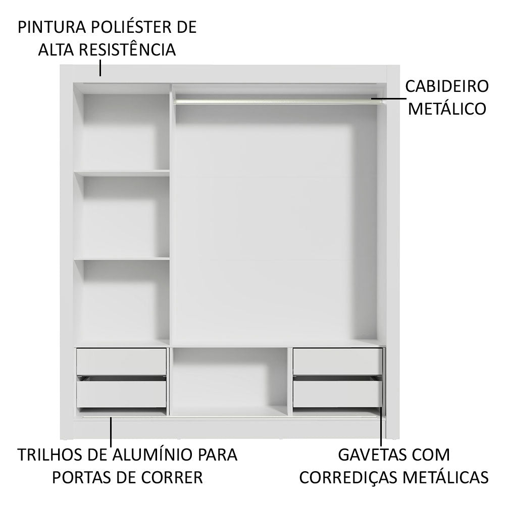 Guarda-Roupa Casal Madesa Lyon Plus 3 Portas de Correr com Espelho 4 Gavetas Branco/Preto